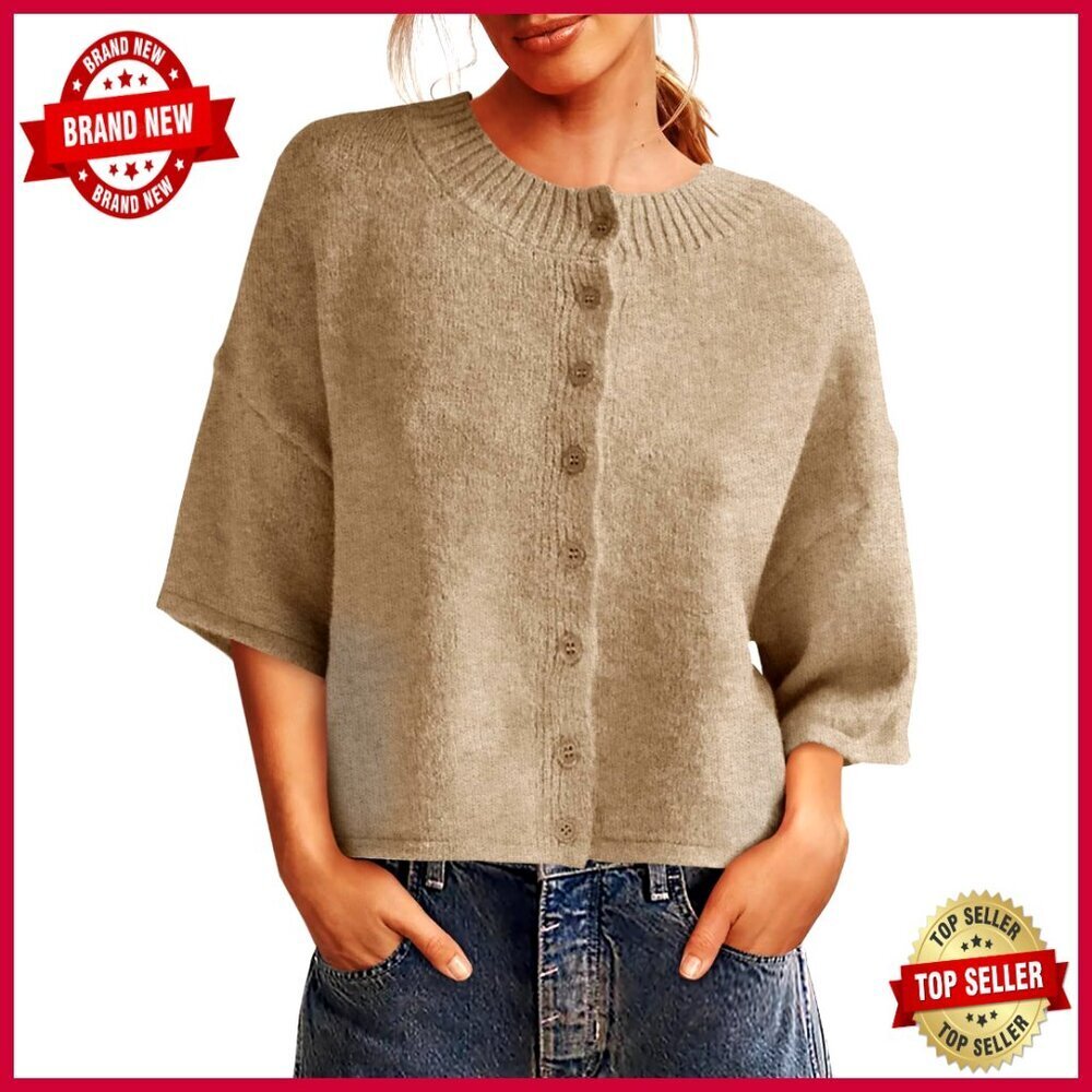 Cropped 3/4 Sleeve Button Down Cardigan Sweater Oversized Knit Top
